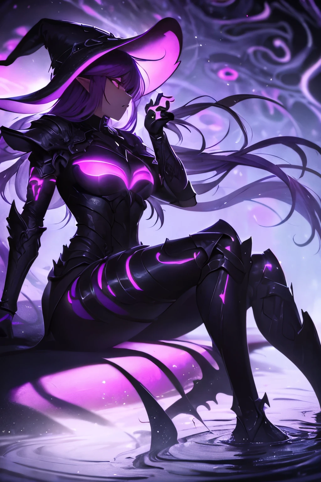 (masterpiece, Best quality, ultra detailed, best shadow), (detailed background,dark fantasy), (beautiful detailed face), high contrast, (Better lighting, very gentle and beautiful), ((cinematic light)), colorful, hyperdetailing, (1 girl, elf, Pink eyes, Sharp face, purple hair, Black Armor, Purple witch hat), (swirling black light around the character:1.5), depth of field, Black light particles, (distant view), (Full length character), (sitting on the water), (hair detail), (side view)