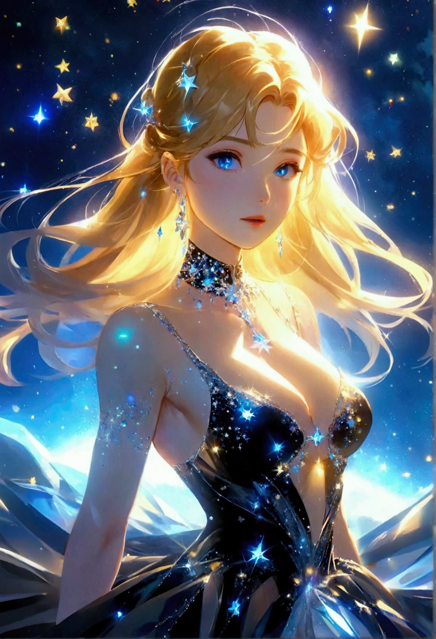 a glamour picture shot, of an elite model covered in stars, walking on a (dark catwalk: 1.2), an extraordinary glamourous elite female model, ((full body: 1.5)),  ((anatomically correct: 1.5), (ultra detailed face: 1.2), best detailed face, yrllow hair, long hair, lush hair, glam hair cut, blue eyes, delicate face, light make up, wearing intricate detailed dress, glamour dress, haute couture dress, elite fashion dress, black as night dress, decorated with bright stars, starlight,  small cleavage, wearing high heels, elegant high heels, she wears diamond necklace, she is glows in a soft starry light, she walks on asteroid catwalk, elite fashion show background, vibrant, Hyperrealism style, vibrant, Ultra-high resolution, High Contrast, (masterpiece:1.5), highest quality, Best aesthetics), best details, best quality, highres, ultra wide angle, 16k, [ultra detailed], masterpiece, best quality, (extremely detailed) RAW, chumbasket art style, photograph, photograph