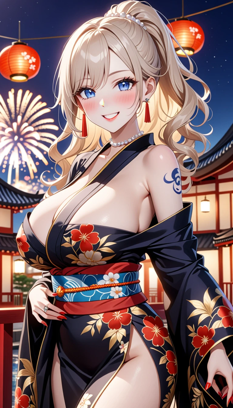 ultra-detailed, ((one girl)), (portrait), (pale skin:1.4),  fair-skinned gyaru, ((A girl wearing a jet black kimono)),  (heavy makeup), (professional lighting), hyper detailed, absurdres, 8k, Beautiful Face, (Laugh shyly), ((teasing smile:1.2)), ((happy smile:1.4)),  ((Wink:1.4)), (Laugh with your mouth wide open),((Tilt your face:1.6)), View your viewers, ((full-face blush:1.5)), Glossy Red Lips, ((huge breasts:1.6)), undressing, ((Her clothes are off to her shoulders and her nipples are visible)), ((Her tattoo peeked through her kimono:1.2)), summer, night, Luxury resort terrace,View of the sea and fireworks, ((Anime style background)),masterpiece, Highest quality, so beautiful,Latest, Complex details, ((red long nail:1.2)), (ring),(bracelet), (Floral Choker),AI-generated, Complex,High resolution, Highest quality, super high quality,3D Images、3D Images,One person, (Pearl White hair),Long Hair, (White high ponytail), (wavy hair:1.2)), Anime woman posing for a photo, ((Fine grain、blue eyes、glowing eyes:1.3)), (Squint your eyes:1.1),a hyperRealistic , hyperRealistic , Realistic,Anime woman with long white hair, Smooth anime CG art, ((A girl in a gorgeous black kimono:1.2)), ((black furisode:1.3)),Gold embroidery, (Large floral pattern in red color),  (sideboob), (Long red flower hair ornament),(big floral earrings), Mature Body, tall,Narrow waist,((dutch angle)), ((looking forward:1.2)), ((Looking into the camera)),