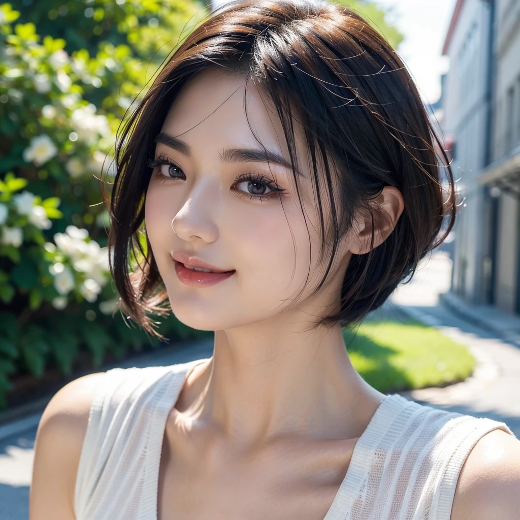 Realistic, masterpiece, Highest quality, Highest Resolution, One Japanese woman, Happy smile, Beautiful attention to detail, Iris, Thin eyebrows, Delicate eyelashes, False eyelashes, Orange Eyeliner, Lipstick is a bright color, short hair, The hair color is black, Draw a face carefully, Portrait background, Upper body photo,Ultra high definition, Textured skin, Large Breasts, profile、Character portrait, Height: 165 cm,Hair blowing in the wind, Casual clothing、In town