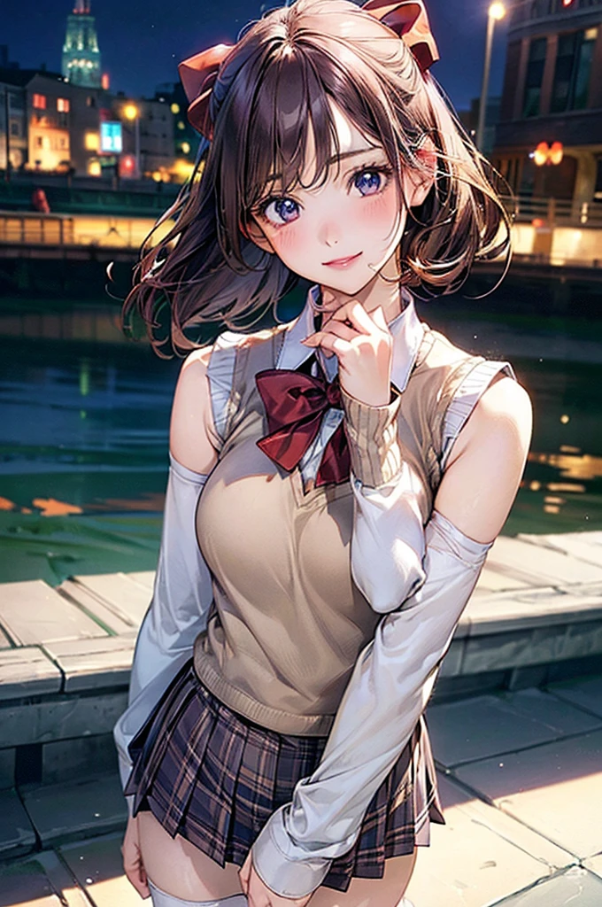 (masterpiece:1.2, Highest quality), (Realistic, photoRealistic:1.4), Beautiful illustrations, (Natural Side Lighting, Cinema Lighting), View your viewers, Cowboy Shot, Front view:0.6, 1 girl, Japanese, high school girl, Perfect Face, Cute and symmetrical face, Glowing Skin, (Mid-length hair:1.5, short hair:1.4, Purple Hair), Parted bangs, Light blue eyes, Long eyelashes, (Large Breasts:0.9, Thick thighs), Beautiful Hair, Beautiful Face, Beautiful attention to detail, Beautiful clavicle, Beautiful body, Beautiful breasts, Beautiful thighs, Beautiful feet, Beautiful fingers, ((Light blue long-sleeved Y-shirt, Blue checked pleated mini skirt, socks, Brown Loafers, Red bow tie, Beige sleeveless knit vest)), Pink Panties, (Beautiful views), evening, River side, walk, Place your hand on your chest, (Cute smile, Upward glance)