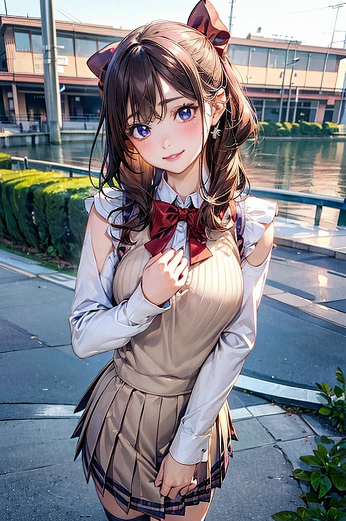 (masterpiece:1.2, Highest quality), (Realistic, photoRealistic:1.4), Beautiful illustrations, (Natural Side Lighting, Cinema Lighting), View your viewers, Cowboy Shot, Front view:0.6, 1 girl, Japanese, high school girl, Perfect Face, Cute and symmetrical face, Glowing Skin, (Mid-length hair:1.5, short hair:1.4, Purple Hair), Parted bangs, Light blue eyes, Long eyelashes, (Large Breasts:0.9, Thick thighs), Beautiful Hair, Beautiful Face, Beautiful attention to detail, Beautiful clavicle, Beautiful body, Beautiful breasts, Beautiful thighs, Beautiful feet, Beautiful fingers, ((Light blue long-sleeved Y-shirt, Blue checked pleated mini skirt, socks, Brown Loafers, Red bow tie, Beige sleeveless knit vest)), Pink Panties, (Beautiful views), evening, River side, walk, Place your hand on your chest, (Cute smile, Upward glance)