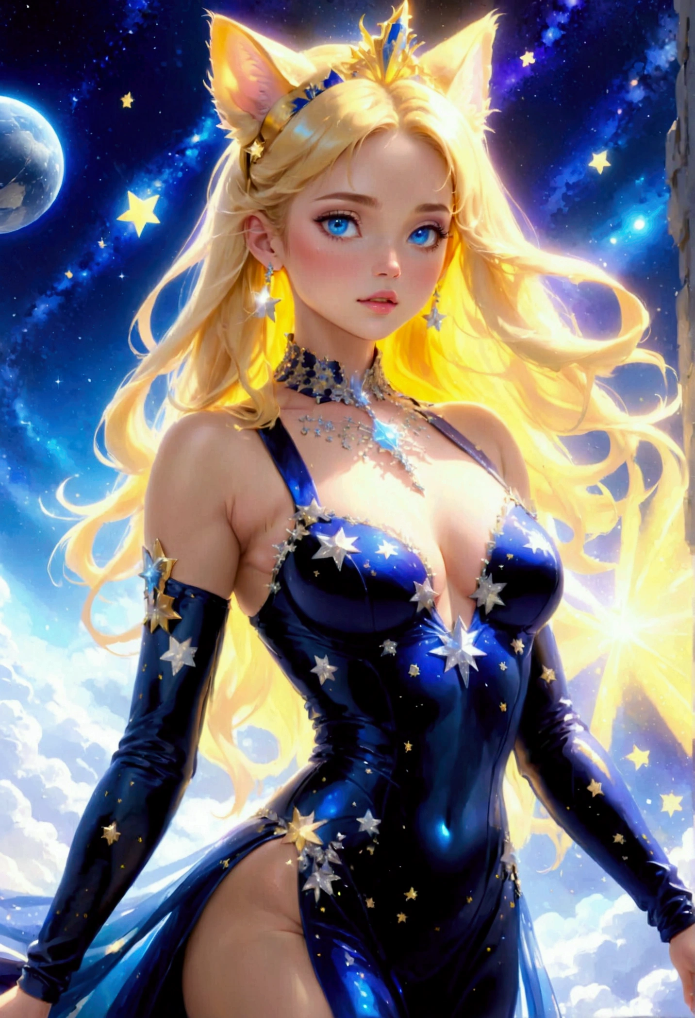 a glamour picture shot, of an elite model covered in stars, walking on a (dark catwalk: 1.2), an extraordinary glamourous elite female model, ((full body: 1.5)),  ((anatomically correct: 1.5), (ultra detailed face: 1.2), best detailed face, yrllow hair, long hair, lush hair, glam hair cut, blue eyes, delicate face, light make up, wearing intricate detailed dress, glamour dress, haute couture dress, elite fashion dress, black as night dress, decorated with bright stars, starlight,  small cleavage, wearing high heels, elegant high heels, she wears diamond necklace, she is glows in a soft starry light, she walks on asteroid catwalk, elite fashion show background, vibrant, Hyperrealism style, vibrant, Ultra-high resolution, High Contrast, (masterpiece:1.5), highest quality, Best aesthetics), best details, best quality, highres, ultra wide angle, 16k, [ultra detailed], masterpiece, best quality, (extremely detailed) RAW, chumbasket art style, photograph, photograph