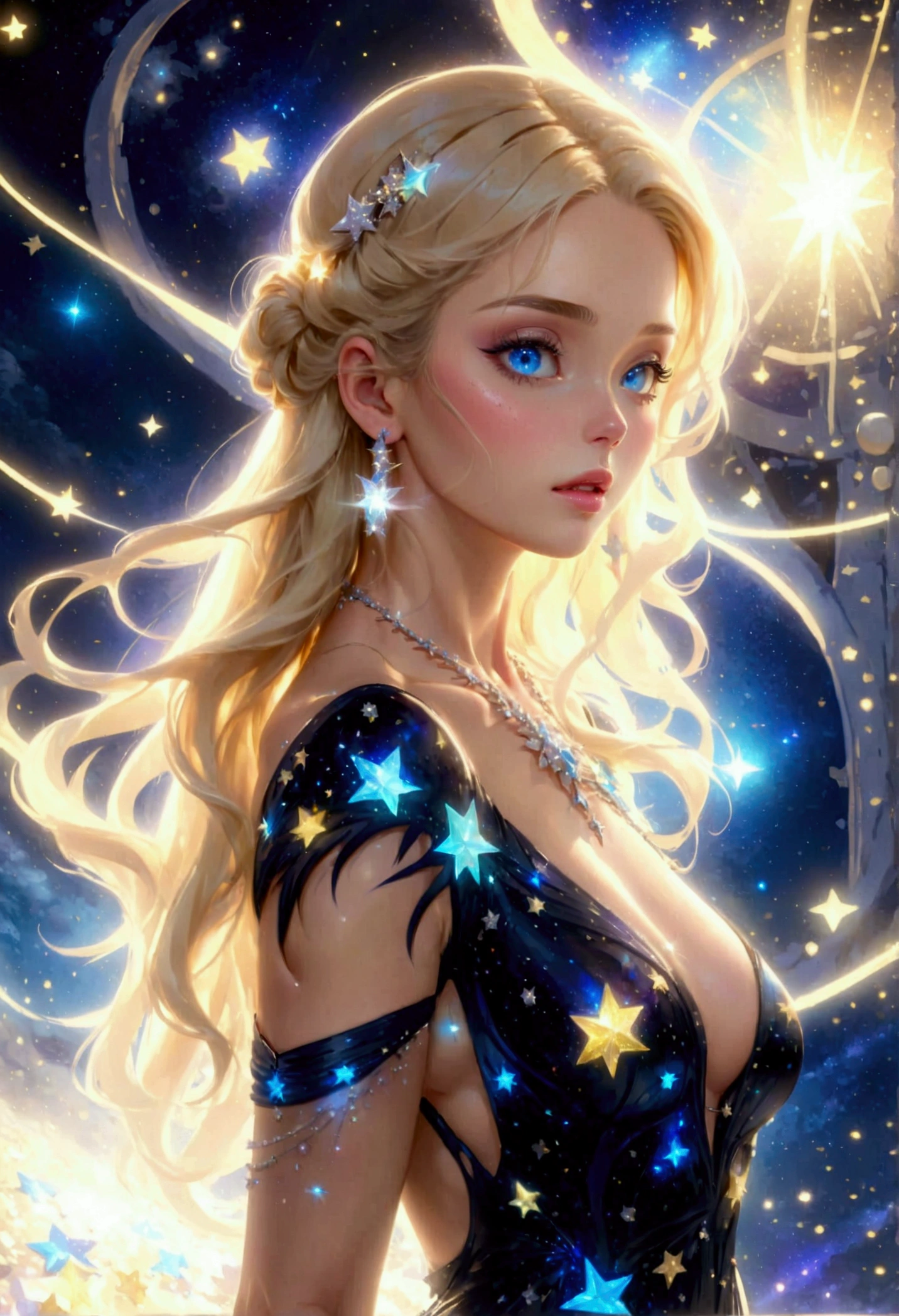 a glamour picture shot, of an elite model covered in stars, walking on a (dark catwalk: 1.2), an extraordinary glamourous elite female model, ((full body: 1.5)),  ((anatomically correct: 1.5), (ultra detailed face: 1.2), best detailed face, yrllow hair, long hair, lush hair, glam hair cut, blue eyes, delicate face, light make up, wearing intricate detailed dress, glamour dress, haute couture dress, elite fashion dress, black as night dress, decorated with bright stars, starlight,  small cleavage, wearing high heels, elegant high heels, she wears diamond necklace, she is glows in a soft starry light, she walks on asteroid catwalk, elite fashion show background, vibrant, Hyperrealism style, vibrant, Ultra-high resolution, High Contrast, (masterpiece:1.5), highest quality, Best aesthetics), best details, best quality, highres, ultra wide angle, 16k, [ultra detailed], masterpiece, best quality, (extremely detailed) RAW, chumbasket art style, photograph, photograph