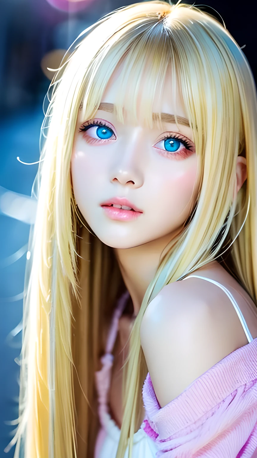 clear shiny skin、13 years old cute sexy little beautiful face、very large and beautiful bright pale sky blue eyes、Very big eyes、Straight long hair that shines in the light、Long, silky bangs that cover her cute eyes、Sexy face hiding hair、Too long hair、sexy cute young beautiful girl、Super long natural young blonde hair with sparkling light highlights Blonde hair above the eyes Blonde hair above one eye、Blonde hair between the eyes、Cheek gloss highlighter