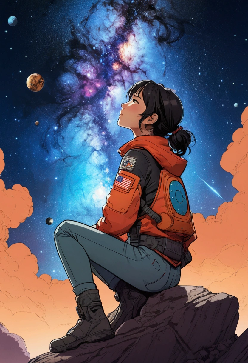Anime Type、A girl sitting on the ground watching the birth of the universe、Space Cowboys、サイバーSpace Cowboys、Inspired by Josan Gonzalez、Xin Haicheng(Apexlegends)、Akira art style、Rosstranstil、Akira Vibes、Akira art style、Simple Background