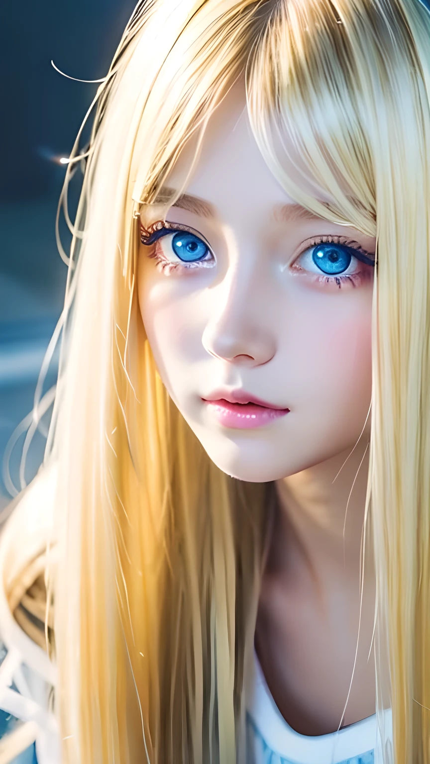 clear shiny skin、13 years old cute sexy little beautiful face、very large and beautiful bright pale sky blue eyes、Very big eyes、Straight long hair that shines in the light、Long, silky bangs that cover her cute eyes、Sexy face hiding hair、Too long hair、sexy cute young beautiful girl、Super long natural young blonde hair with sparkling light highlights Blonde hair above the eyes Blonde hair above one eye、Blonde hair between the eyes、Cheek gloss highlighter