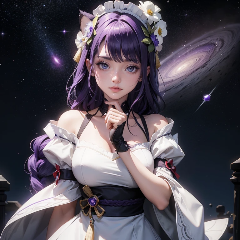 raiden shogun_(genshin impact), purple hair, white roses, ornament hair, roses on her hair, maid, maid dress, maid headdress, maid apron, purple hair, long hair, braided hair, 1girl, white maid dress, jewelry, purple hair, flowing hair, space scene, space scenery, long hair, maid dress with a short skirt and layers, white laces, white boots, white dress with transparency, gold details on her clothes, more details, perfectly body, perfectly hands, two hands, two legs, two arms, five fingers, purple hair, glowing hair, best quality, cat ears, animal ears, two cat tail, white gloves, alone, maid headdress, choker, detached sleeves, maid dress, maid white dress, masterpiece, best quality, detailed face, night, asymmetrical gloves, bangs, white short skirt , earrings, elbow gloves, fishnet thigh highs, fish masterpiece, solo, best quality, detailed face, gloves, hair between eyes, jewelry, looking at viewer, single earring, sky, sleeveless, solo, thigh boots, thigh highs, uneven gloves, purple hair, solo, alone, Looking at the viewer, More details on the clothes, magenta roses on her hair, space scenery, maid, maid dress, magenta details, magenta roses, maid headdress, maid apron, seat on the Saturn rings, more details on her clothes, purple hair, gold details on her clothes, space, smiling, standing her hand to a viewer, looking at the viewer, in the background a several asteroids glowing with fiery auras, Dramatic lighting from distant stars and planets illuminates the scene, purple hair, looking at the vast and mysterious universe, cowboy shot, upper body portrait, more details, sparkle, purple hair 