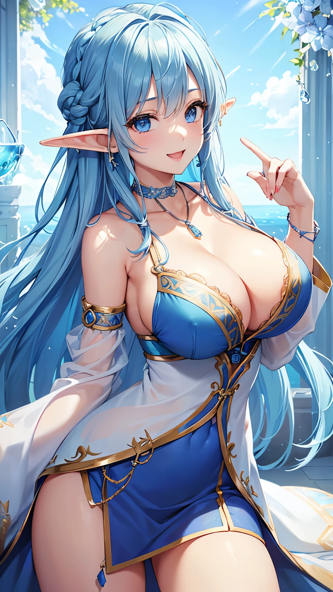 Highest quality、Highest quality、masterpiece、(8k resolution),beauty(Age 25)、(Mature Appearance)、Light blue long hair(Braiding of sides)、blue eyes、(Blue underwear with detailed embroidery)、(Elf)、Big cleavage、((Very large breasts))、smile、blue necklace、Blue Earrings、background(ice)、Please open your mouth wide、bracelet、Dynamic pose、Blue choker、