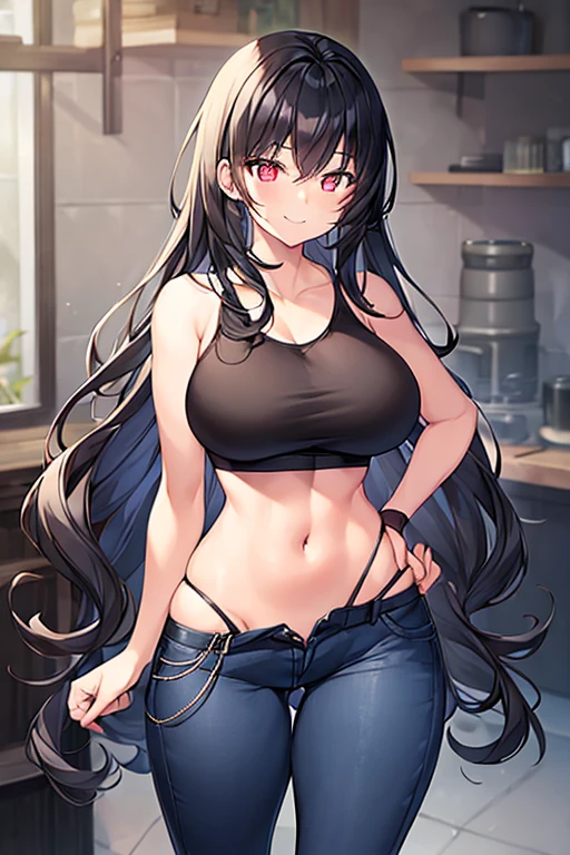 1girl, black hair, long hair, wavy hair, glowing eyes, toned, toned female, large breasts, thick thighs, hourglass figure, smile, hand on pocket, black sports bra, jeans, pants, blue jeans, mature female