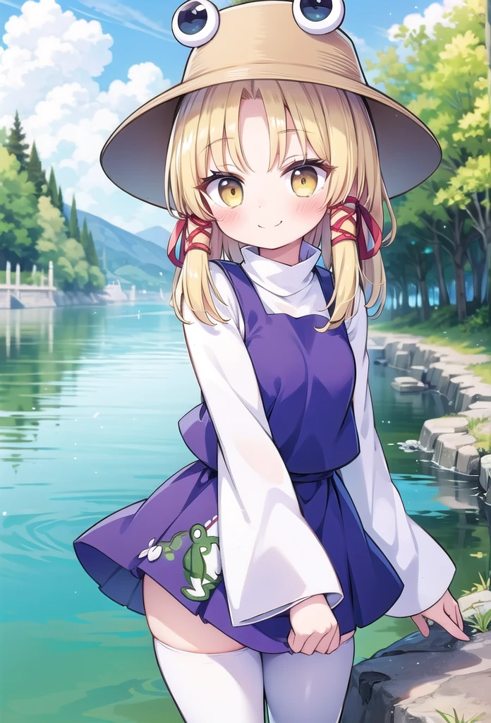 1girl, masterpiece, best quality, perfect hands, smile, blush, moriya suwako, frog print, hat, blonde hair, white shirt, purple skirt, white thighhighs, medium hair, yellow eyes, long sleeves, ribbon, hair ribbon, red ribbon, purple vest