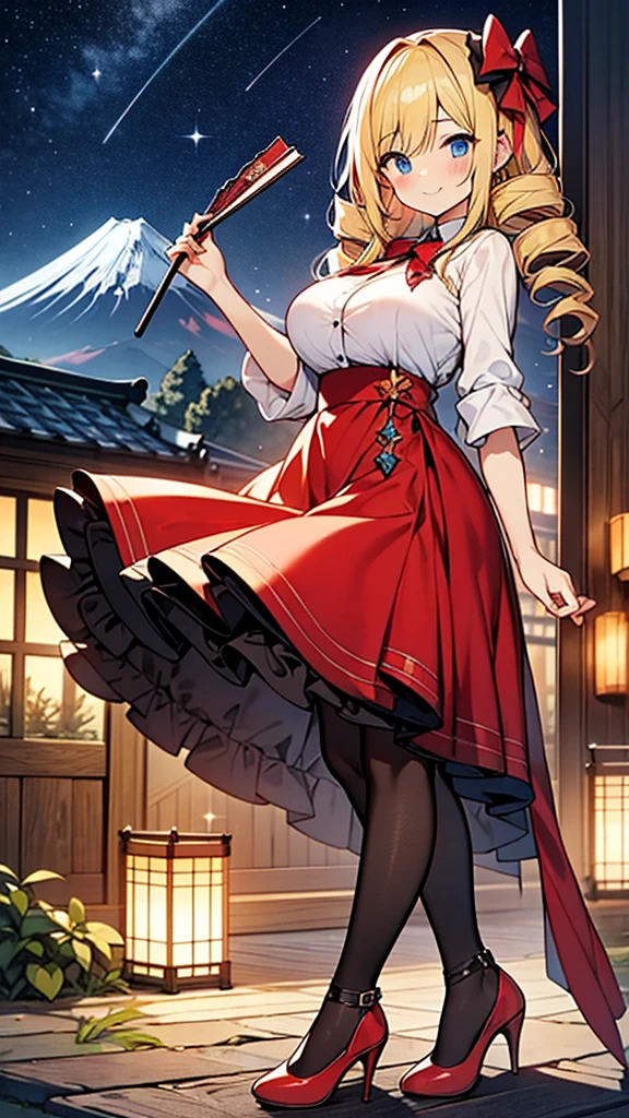 Amazing volume of blonde hair、Long drill hair、Big Breasts、Red evening dresini skirt、Dark black pantyhose、Red High Heels、Holding a fan with Mount Fuji on it、smile, hyper cute girl,starry night sky,