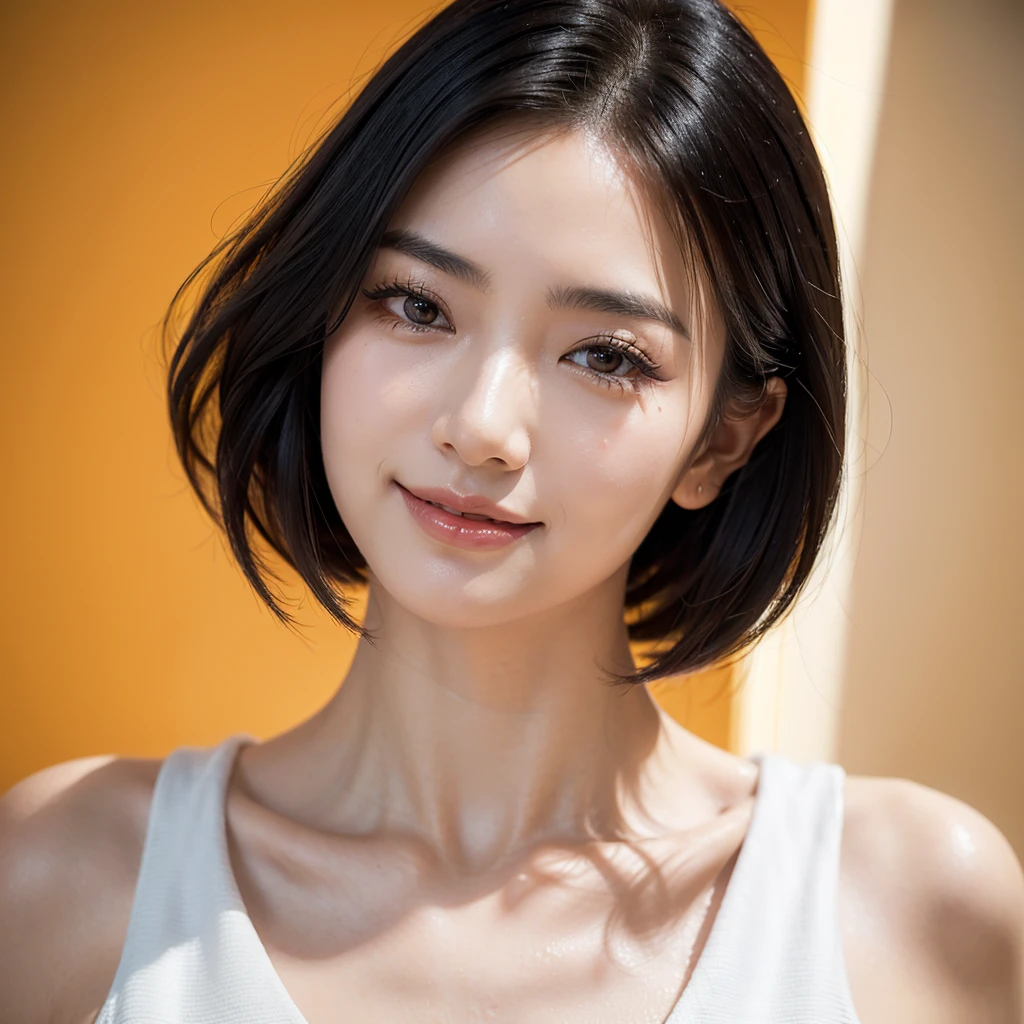 Realistic, masterpiece, Highest quality, Highest Resolution, One Japanese woman, Happy smile, Beautiful attention to detail, Iris, Thin eyebrows, Delicate eyelashes, False eyelashes, Orange Eyeliner, Lipstick is a bright color, short hair, The hair color is black, Draw a face carefully, Portrait background, Upper body photo,Ultra high definition, Textured skin, Large Breasts, Character portrait, Height: 165 cm,Hair blowing in the wind, Casual clothing、Cafe