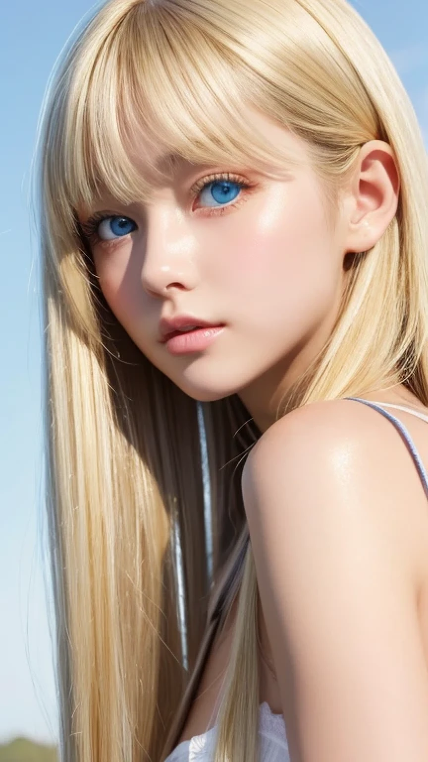 clear shiny skin、 cute sexy little beautiful face、very large and beautiful bright pale sky blue eyes、Very big eyes、Straight long hair that shines in the light、Long, silky bangs that cover her cute eyes、Sexy face hiding hair、Too long hair、sexy cute young beautiful girl、Super long natural young blonde hair with sparkling light highlights Blonde hair above the eyes Blonde hair above one eye、Blonde hair between the eyes、Cheek gloss highlighter