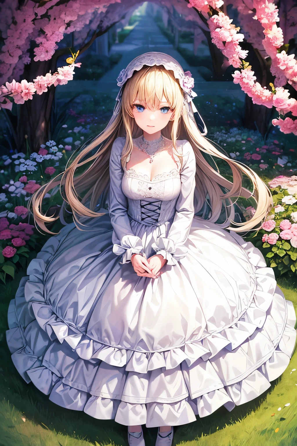 masterpiece,Highest quality,Very detailed,beautiful girl,White Gothic Lolita Dress,necklace, teenager, (full body),Blonde,blue eyes,Perfect Face,Beautiful and detailed eyes,Beautiful Skin,skinny,Dynamic,Outdoor,Beautiful flowering garden,Lots of flowers