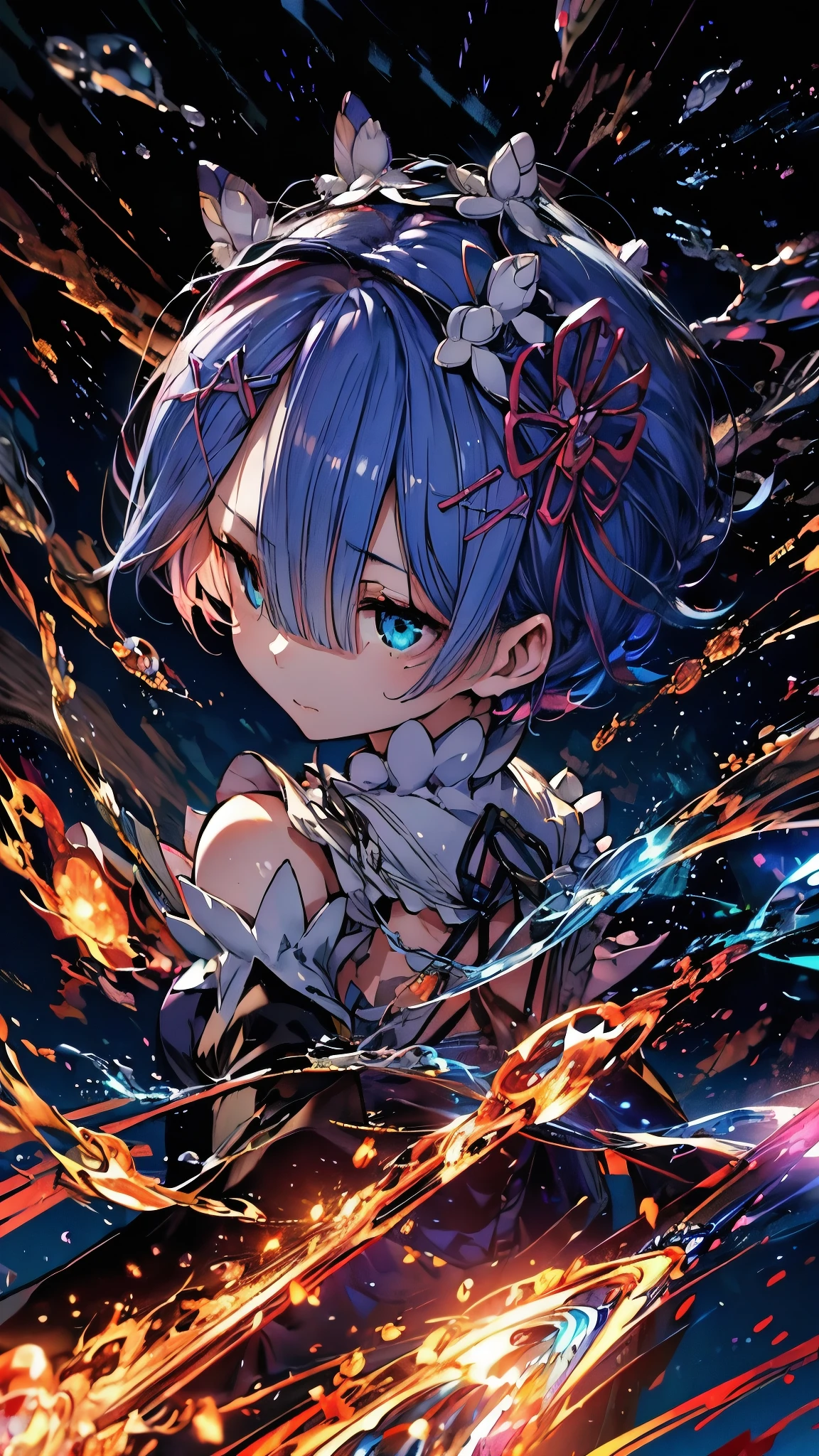 (Highest quality),(masterpiece), 8k,Very detailed, Detailed light, Best Shadow,Detailed reflective eyes, Beautiful Eyes, Very detailedな顔,Shiny Hair,Group of 2,Gloss,semi-long,enchanting,Expressionless,Quiet anger,whole body,front,Re:Zero,ram&rem,Ram&Rem,darkness,face is dirty for painting,Dynamic Angle,Lock,
