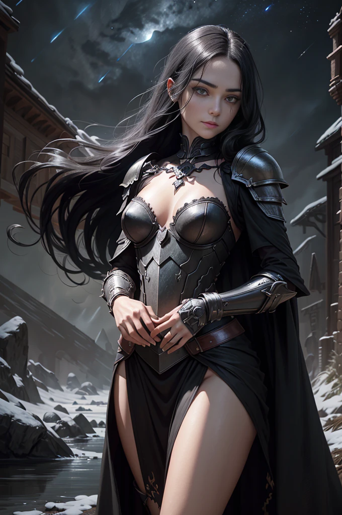 a woman with black hair and eyes, dressed in macabre armor with details of human bones, beautiful female paladin with long hair, night sky, red mist, river of blood, battlefield, icy gaze;