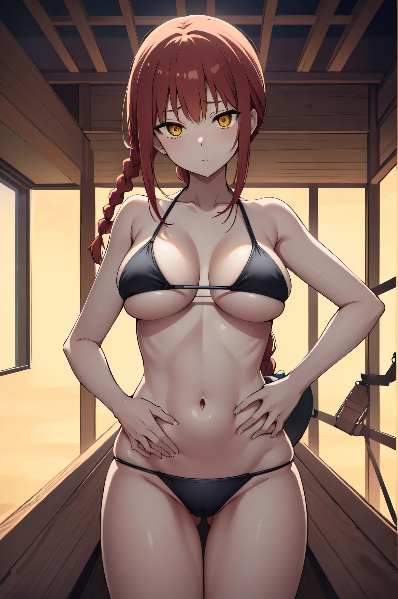 Anime Women、solo、Long Hair、bangs、(Very large breasts:1.2)、(Yellow Eyes:1.2)、Braiding、Redhead、Braided ponytail、The eyes are round、BREAK navel、Cleavage、Swimwear、clavicle、比基尼、Thighs、in a triangle 比基尼、BREAK beach、比基尼 top with an black、比基尼 bottom with an black、Sunny weather、BREAK カウボーイショット、BREAK looking at viewer、BREAK (masterpiece:1.2)、Highest quality、High resolution、unity 8k wallpaper、(figure:0.8)、(Beautiful attention to detail:1.6)、Highly detailed face、Perfect lighting、Highly detailed CG、(Perfect hands, Perfect Anatomy)、