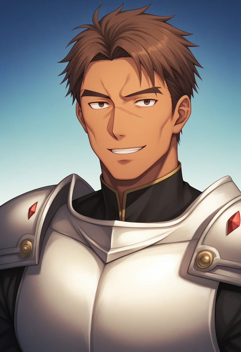 1father, veteran knight, muscular mature, parted bangs, 40yo, brown hair, evergreen eyes, thick brown eyebrow, sanpaku, tanned skin, small eyes, short hair male, facial wrinkles, ideal ratio body proportions, ordinaly, BREAK solo, red full plate armor, light smile, 1980s, visual novel, in old jrpg style, in hokuto no ken style, in capcom art style, extreme all detailed, masterpiece, best quality, BREAK score_9, score_8_up, score_7_up, score_6_up, score_5_up, score_4_up, source_anime