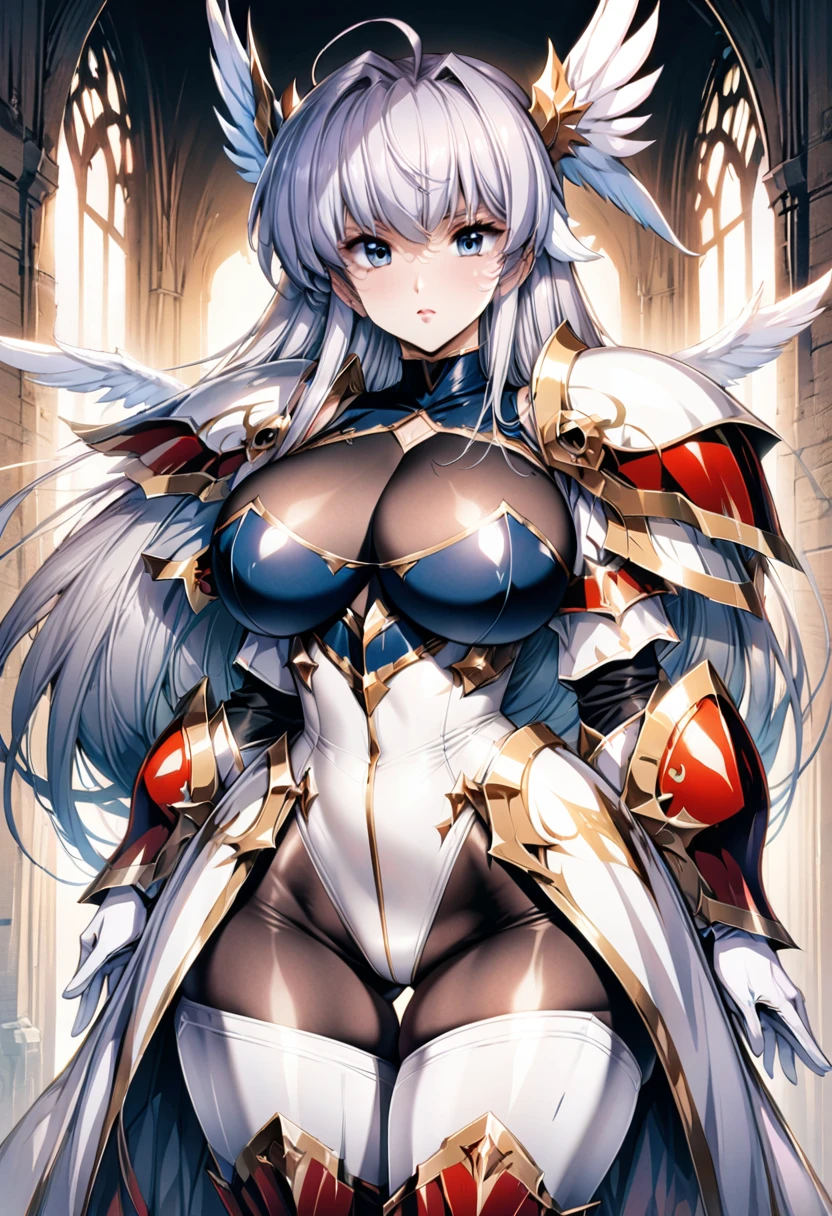 ((highest quality)), ((masterpiece)), ((hyperrealistic)), (Western-style castle), 1girl, ((curvy: 1.2)), perfect face, ((Shooting from the side)), ((Langrisser)), ((white latex high cut leotard: 1.5)), ((catsuit)), ((white shoulder armor)), ((long skirt)), (breastplate), gauntlet, gloves, silver hair straight hair, ahoge, (huge breasts: 1.5), (see-through cleavage cutout: 1.5), (see-through black pantyhose thigh: 1.3), (zettai ryouiki: 1.3), (armored thigh-high boot), ((winged helmet)), thigh gap, beautiful blue eyes, Perfect hands, perfect fingers,