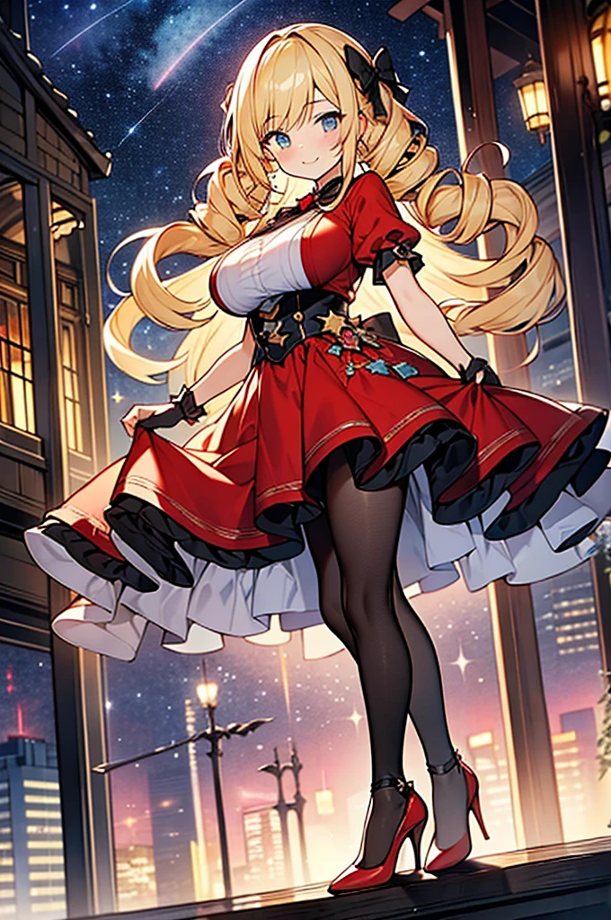 Amazing volume of blonde hair、Long drill hair、Big Breasts、Red evening dresini skirt、Dark black pantyhose、Red High Heels、Holding a fan 、smile, hyper cute girl,starry night sky,