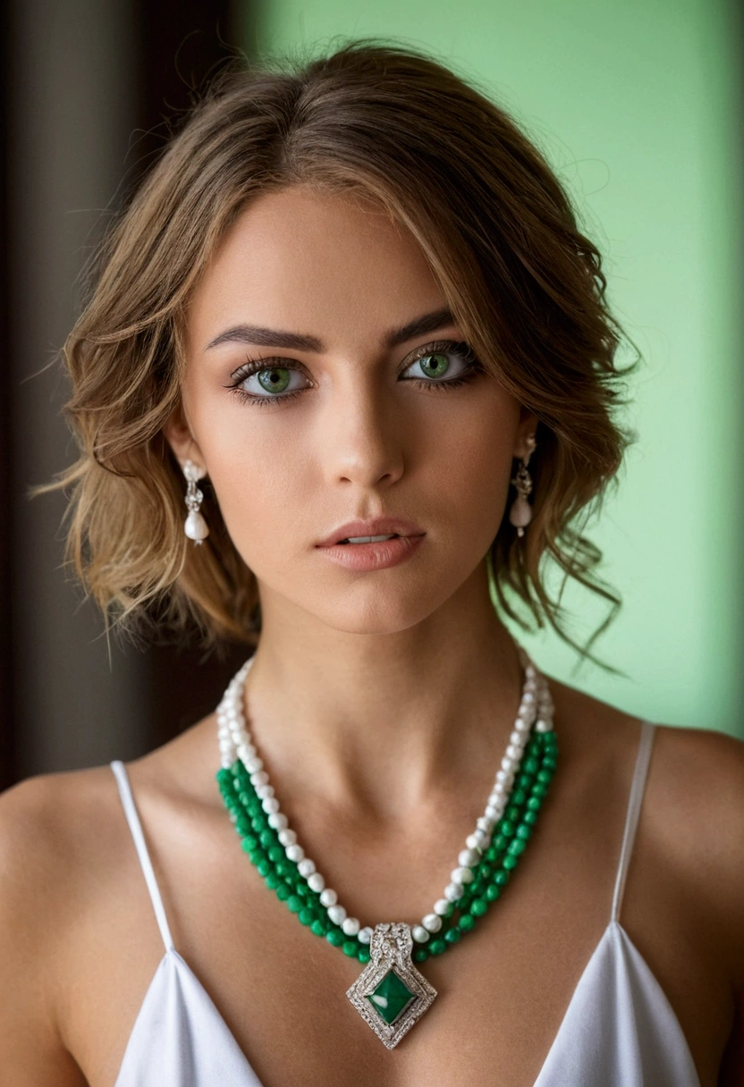 femme arafée avec un débardeur blanc et un collier, Fille sexy aux yeux verts nue dans la salle de bain