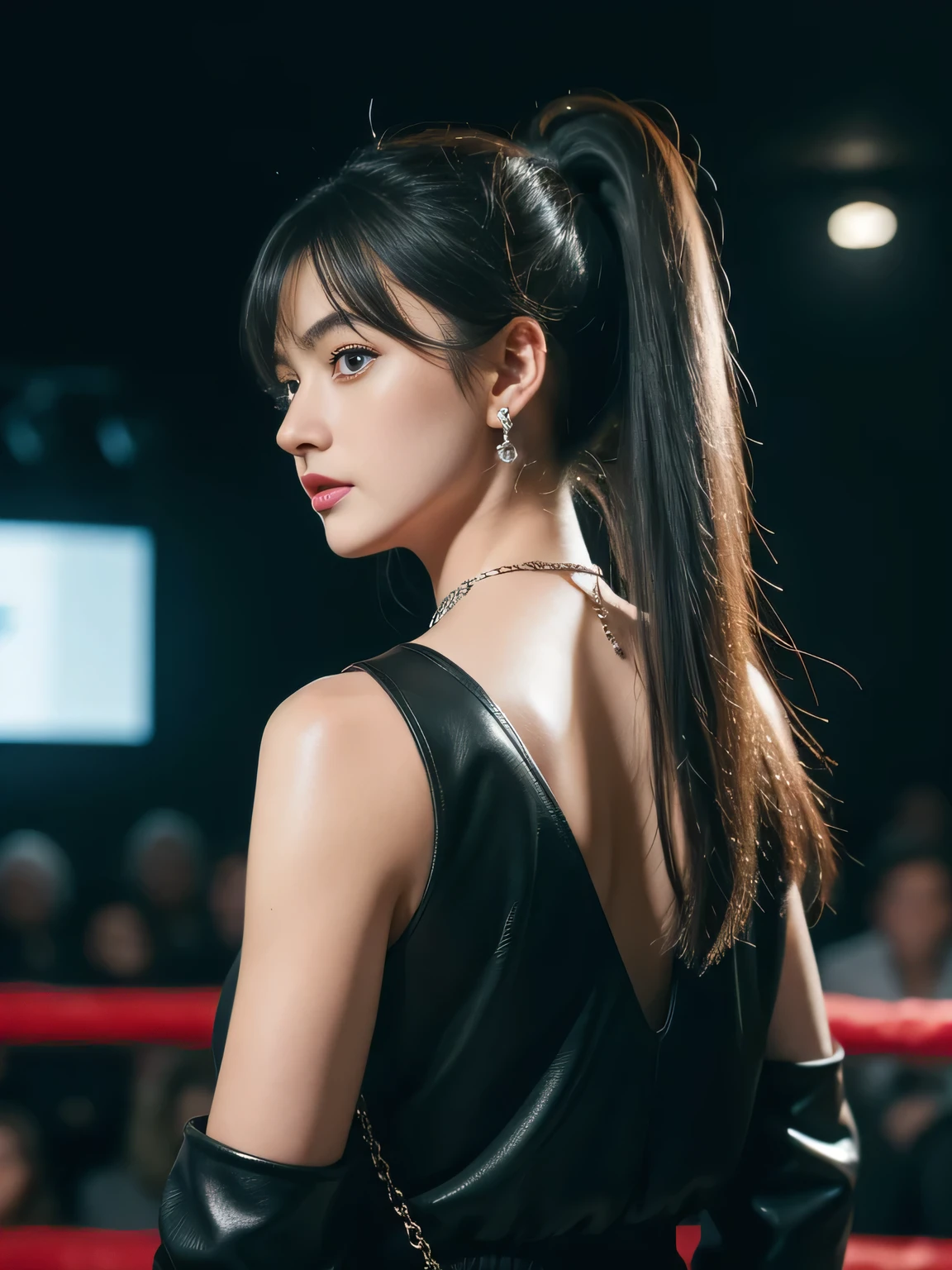 1 Girl, Aqua eyes, Back, Bangs, 裸Off-shoulder膀, black Gloves, blue eyes, Weaving, Necklace, earrings, fingerless Gloves, From the back, Gloves, Gray hair, Keep, jacket, Jewelry, Long hair, Looking at the audience, looking Back, Nail polish, Off-shoulder, Open your mouth, punching, Ponytail, red jacket, Solitary, Upper Body,He didn&#39;t,[[Practical]],(Glowing skin),(masterpiece:1.4),(best quality:1.4)