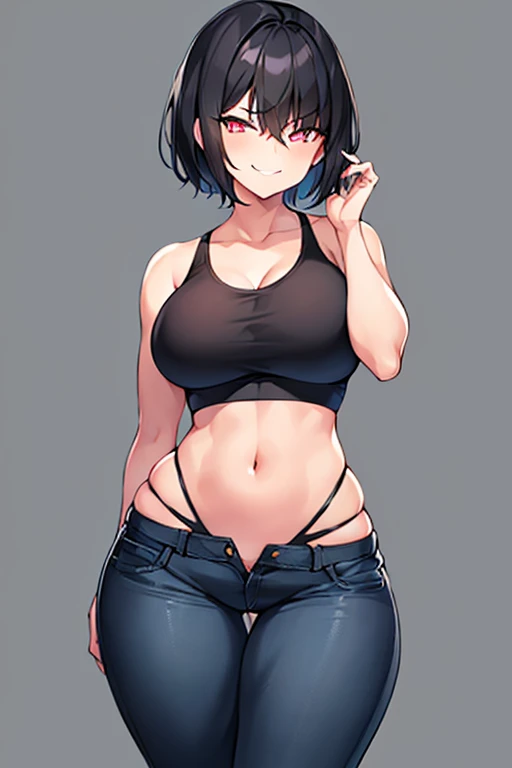 1girl, black hair, short hair, glowing eyes, toned, toned female, large breasts, thick thighs, hourglass figure, smile, hand on pocket, black sports bra, jeans, pants, blue jeans, mature female, smirk, smug,