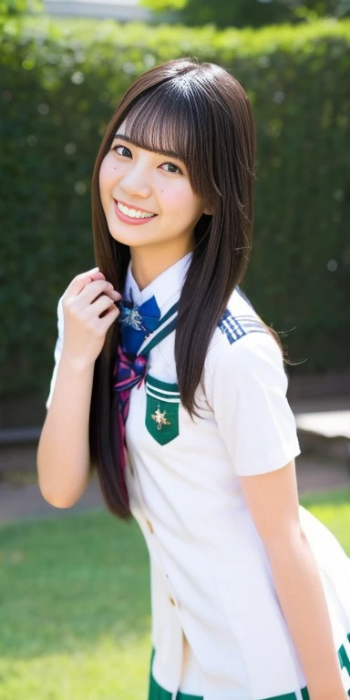 neat college girl、 person、Outside the field、(Slimed、small tit、flat 、small tit)、Photorealsitic、detaileds, Skin Texture, Ultra-detail、Delicate and sexy collarbone、A smile、Super Detailed Face、Detailed lips、A detailed eye、double eyelid、sexy pose、(( Standing、legs open、pubick hair、Chest exposed,Japanese high school girls uniform))、NSFW、a small face