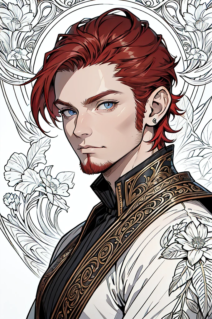 (masterpiece),(Very detailed),(Very detailed),(best quality), lineart, one man, fantasy character, short pointed ears, sillver eyes, ((short red hair)), ((portrait)) tall, stunning, fantasy, beautiful face, animated style, perfect face, highest detail, stubble, detailed face, clothes, intricate details, fantasy background, expressionless, solo,