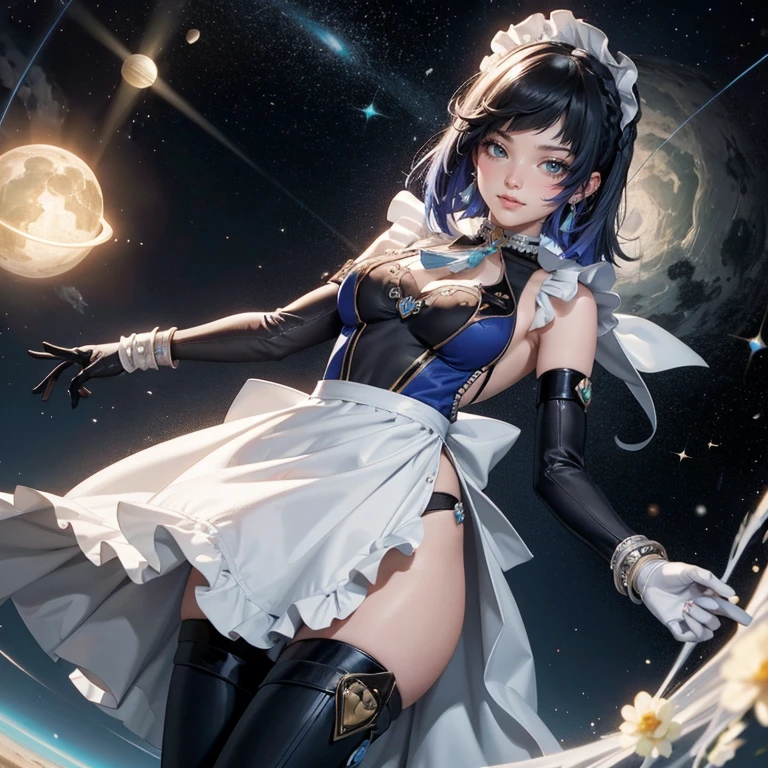 Short hair, navy hair, white roses, ornament hair, roses on her hair, maid, maid dress, maid headdress, maid apron, 1girl, white maid dress, jewelry, flowing hair, space scene, space scenery, maid dress with a short skirt and layers, navy laces, frills, black boots, black dress with transparency, gold details on her clothes, more details, perfectly body, perfectly hands, two hands, two legs, two arms, five fingers, glowing hair, best quality, cat ears, animal ears, alone, maid headdress, choker, detached sleeves, maid dress, maid black dress, masterpiece, best quality, detailed face, night, asymmetrical gloves, bangs, black short skirt , earrings, elbow gloves, fishnet thigh highs, fish masterpiece, solo, best quality, detailed face, gloves, hair between eyes, jewelry, looking at viewer, single earring, sky, solo, thigh boots, thigh highs, uneven gloves, solo, alone, Looking at the viewer, More details on the clothes, white roses on her hair, space scenery, maid, maid dress, gold details, maid headdress, maid apron, seat on the Saturn rings, more details on her clothes, gold details on her clothes, space, smiling, standing her hand to a viewer, looking at the viewer, in the background a several asteroids glowing with fiery auras, Dramatic lighting from distant stars and planets illuminates the scene, looking at the vast and mysterious universe, cowboy shot, upper body portrait, more details, sparkle,