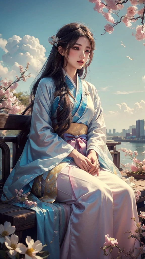 A beautiful girl wore a gorgeous Hanfu, her long hair fluttered on the side, showing elegance and maturity. She sat quietly in the flowers, the color was soft, and the colorful clouds were floating behind her. , Cloudy, soft --relax
