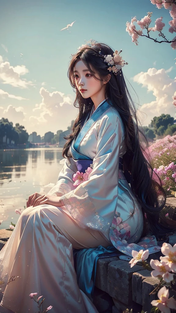 A beautiful girl wore a gorgeous Hanfu, her long hair fluttered on the side, showing elegance and maturity. She sat quietly in the flowers, the color was soft, and the colorful clouds were floating behind her. , Cloudy, soft --relax