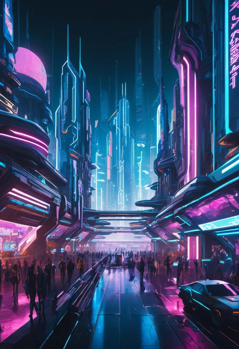 Design a cyber city section of a futuristic theme park. The area should be filled with neon lights, holographic advertisements, self-driving cars, and drone taxis. The cityscape should be vibrant and bustling, with a cyberpunk aesthetic and advanced technological elements.