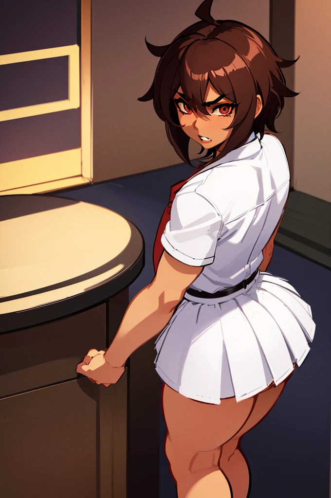 Masterpiece, Best Quality, Solo, 1girl, Azula, Closed Mouth, Smirk, Makeup, Neckline, (White Shirt, Extra Short Miniskirt, Panties), Wide Hips, Ass, Big Ass. standing, legs apart, lipstick, looking at the viewer, school background, erotica, gyaru, schoolgirl-