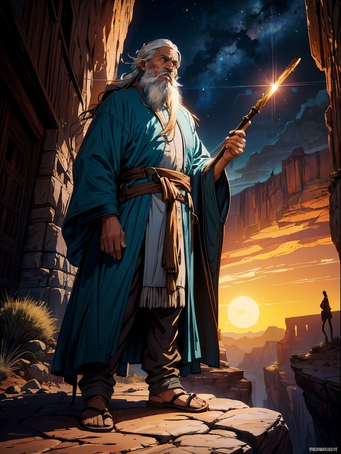 An elderly prophet with a flowing grey beard and long teal robes stands in a desert canyon at sunset, holding a staff. A full moon rises behind him, casting a warm light on the scene. The canyon walls are tall and dramatic, painted in orange, brown, and purple hues. Sparse vegetation clings to the cliffs, style: Cartoon/Comic, but realistic.