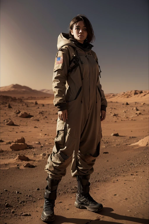 A girl in her mid 30s. Standing in war torn mars. She is injured  her cloths are torn. 