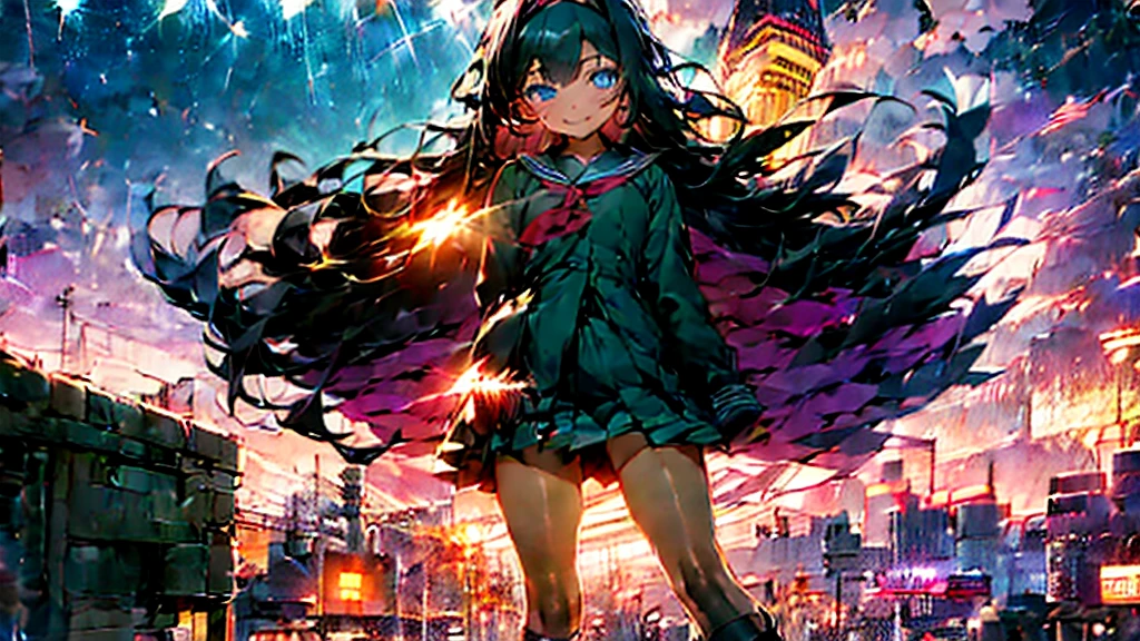 Capture the unique essence of Tokyo by combining the iconic Tokyo Tower with the iconic silhouette of Mount Fuji、"anime"Wind Blue and black hair color Long Hair Accessories Headphones anime顔 socks black tights Boots student boots Student uniform