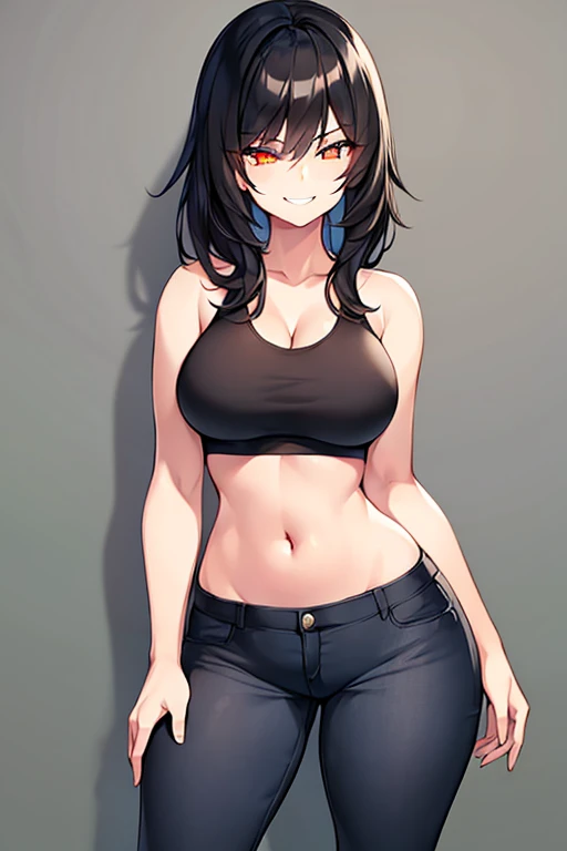 1girl, black hair, medium hair, glowing eyes, toned, toned female, large breasts, thick thighs, hourglass figure, smile, hand on pocket, black sports bra, jeans, pants, blue jeans, mature female, smirk, smug,
