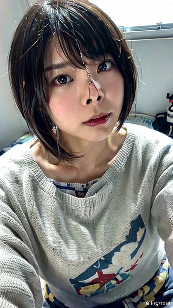 (Highest quality,masterpiece:1.3,Ultra-high resolution),(Very detailed,Caustics,8k),(Realistic:1.4,RAW shooting),(A girl with a displeased expression puffing out her cheeks),Bedroom,Sit on the bed,Look forward,18-year-old,Japanese,cute,Black short hair,Watery eyes,Shining Tears,Upward glance,Looking into the camera,sweater,big ,Face Focus,Face close-up,Bust up shot,(High position),(High Angle),Natural light