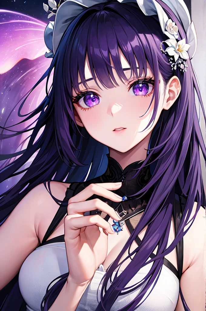 In a beach setting at night, there stands a woman with her face concealed by flowers. The main color theme is deep blue, with secondary colors being dark purple. The style is surreal and romantic, with a texture resembling smooth silk. The lines are curved and graceful. The woman is somewhat petite and hides her face with the flowers.