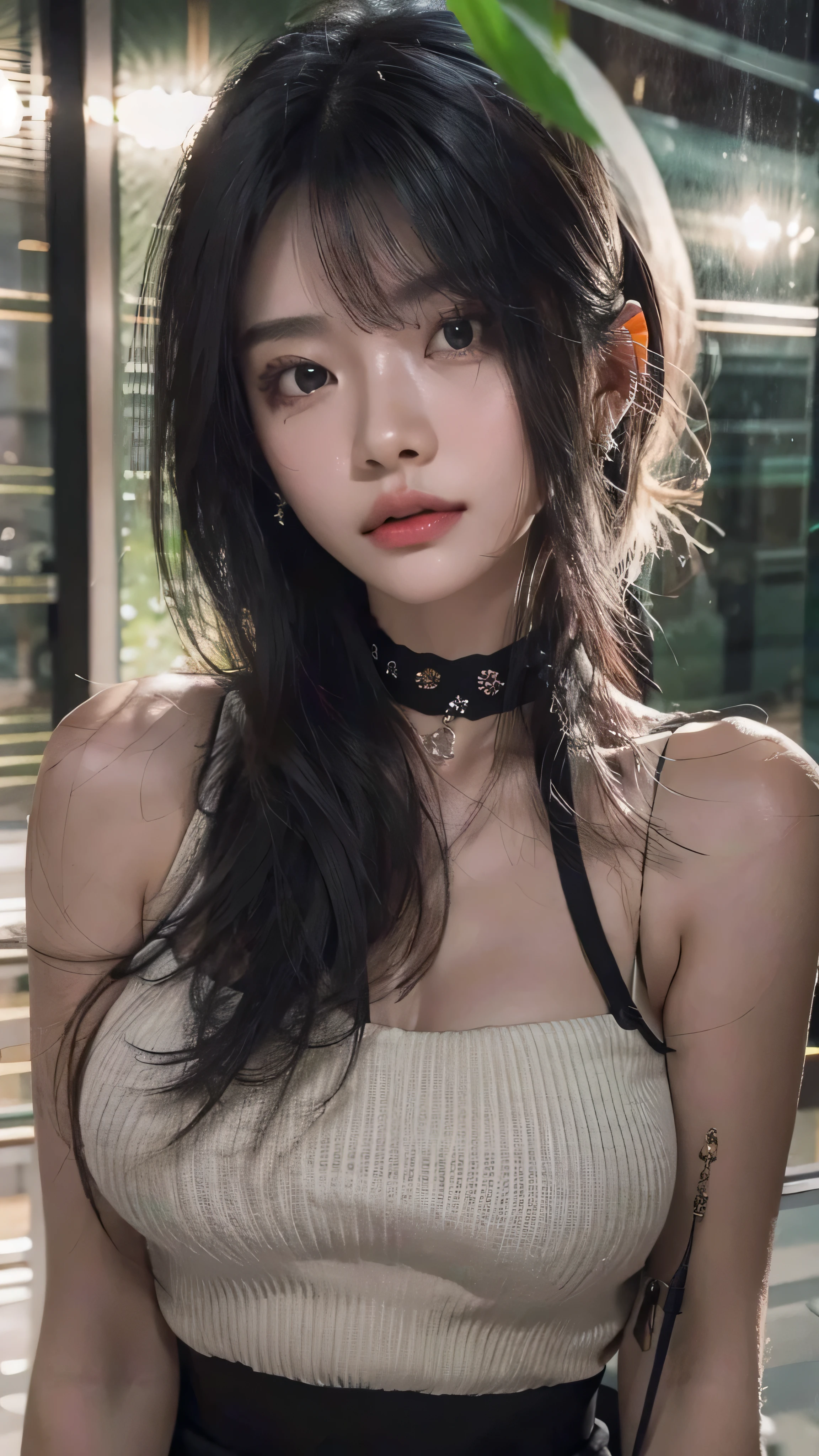 real, RAW photo, extremely delicate and beautiful, masterpiece, Best Quality, ultra high resolution, 32k, hyperrealistic, ultra-detailed, in her 20s, delicate facial features, tearful mole, earring, big breasts, closeup shot, shorter middle hair, black hair, short pencil skirt, black shirt, collared dress shirt, sleeveless, topless, best quality, ultra high res, (photorealistic:1.4), pretty girl, tanktop black shirt, black tight skirt, black choker, (faded ash gray hair:1), medium breasts, looking at viewer, closeup, (pretty face) , southeast asia girl, (RAW photo, best quality,high quality,highres), (realistic, photo-realistic), ultra-detailed,(front lighting) 