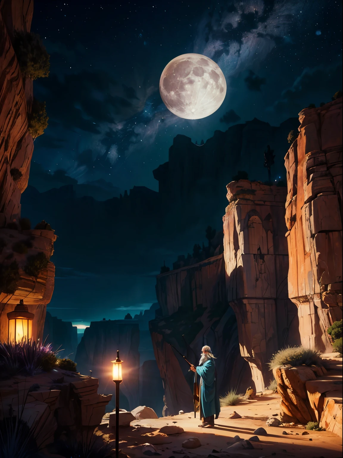 An elderly prophet with a flowing grey beard and long teal robes stands in a desert canyon at sunset, holding a staff. A full moon rises behind him, casting a warm light on the scene. The canyon walls are tall and dramatic, painted in orange, brown, and purple hues. Sparse vegetation clings to the cliffs, style: Cartoon/Comic, but realistic.