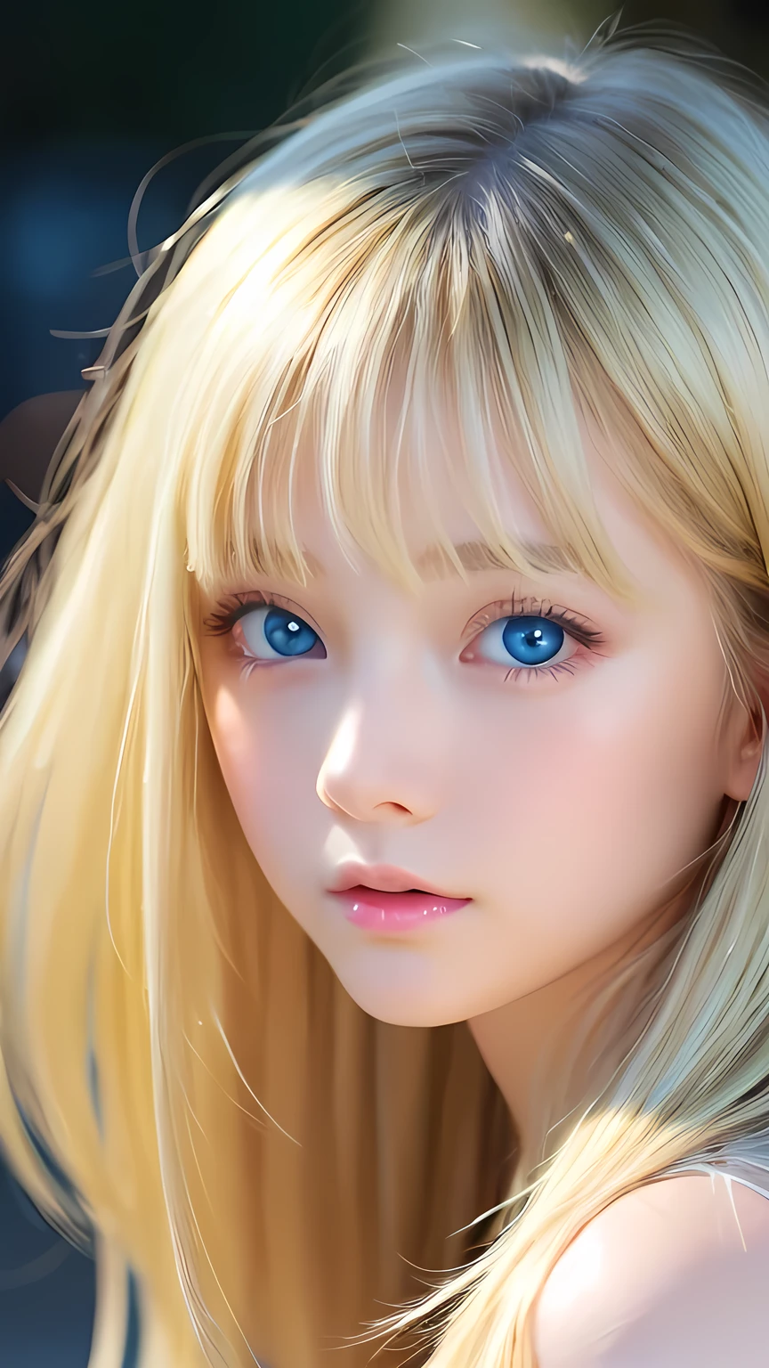 clear shiny skin、13 years old cute sexy little beautiful face、very large and beautiful bright pale sky blue eyes、Very big eyes、Straight long hair that shines in the light、Long, silky bangs that cover her cute eyes、Sexy face hiding hair、Too long hair、sexy cute young beautiful girl、Super long natural young blonde hair with sparkling light highlights Blonde hair above the eyes Blonde hair above one eye、Blonde hair between the eyes、Cheek gloss highlighter