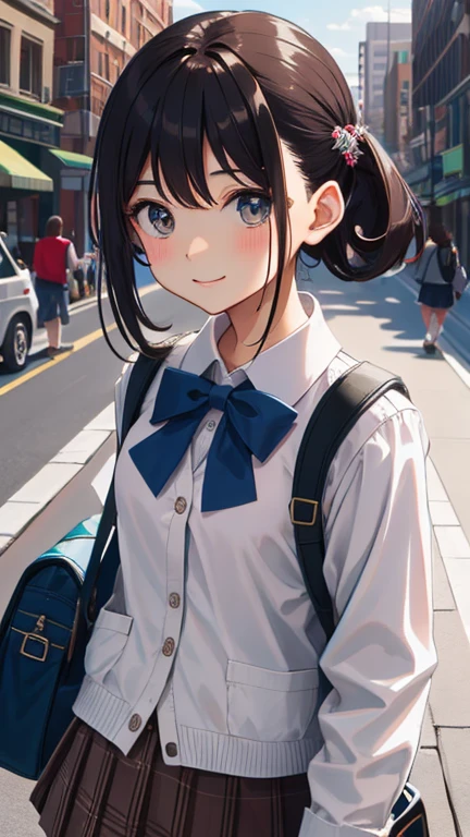 masterpiece, Highest quality, High resolution, Very detailed, Detailed Background, Cinema Lighting, One Girl, young woman, Wear a white shirt, Brown cardigan, smile, wearing Backpack, (Backpack:1.0), travel Backpack, Are standing, whole body, Day, Day光, Outdoor、very cute and beautiful girl,,(Very detailed美しい顔),(White blouse),(smile),Happy,(Beige cardigan:1.2) (Brown shoulder bag),(Brown Checkered Micro Mini Skirt:1.2),zettai ryouiki,
Dynamic pose,hair ornaments,Black Hair,Shopping Street,Town Square,
(Highest quality,masterpiece:1.2),High resolution,Very detailedな,Very detailed,32K,8k resolution,
Intricate details,Movie-like scene,Detailed Background,alone,Dynamic Angle,
Hair blowing in the wind,Beautiful and detailed sky,Cleavage、Embarrassed expression