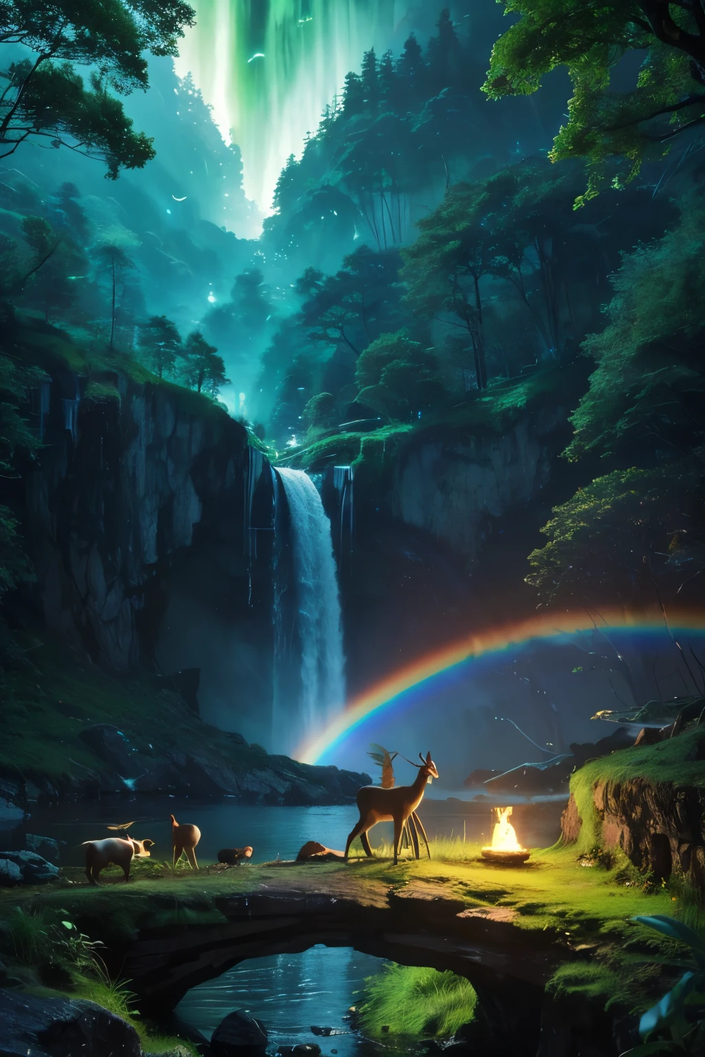 masterpiece, 最high quality, high quality, CG, 8k, scenery, night, null, cloud, no one〜do not have ,Lush forest, Beautiful waterfall, rainbow, Fantasy Images, fire Fly, moonlight, Aurora, wood, black snake on wood, A flock of apples, mousse, Albino deer, White Rabbit,