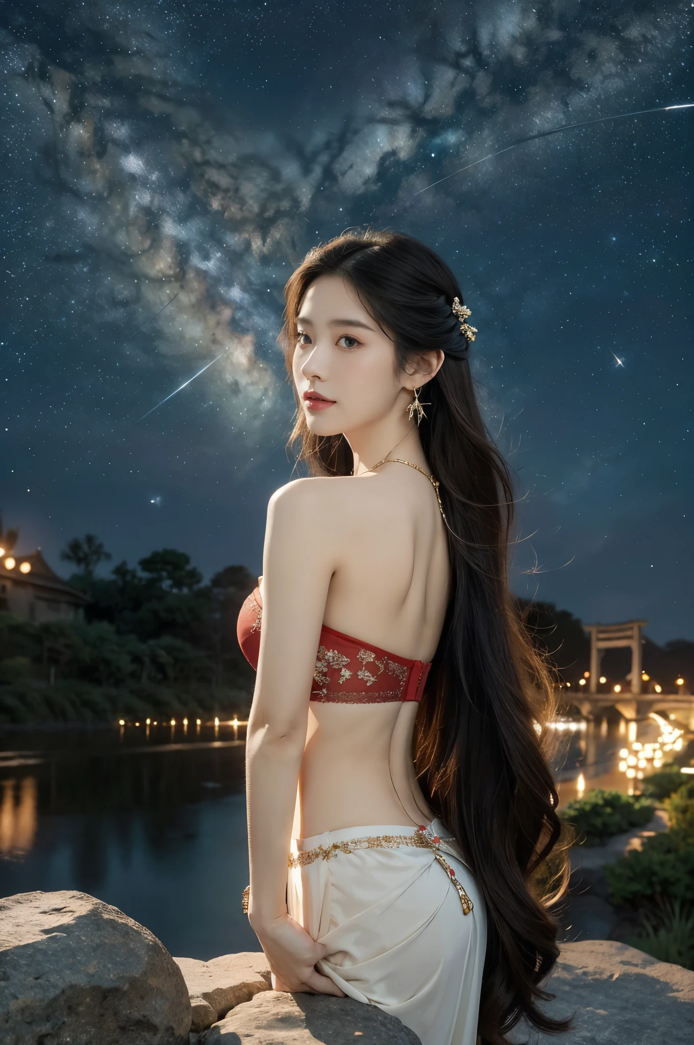 (((best quality))),(((ultra detailed))),(((masterpiece))),illustration,((1 beautiful girl,solo)),(shoulder length straight hair:1.2),((earrings,necklace)),((slim,thin)),((small breasts,flat chest)),(strapless gorgeous sheer red bra:1.3),(standing:1.3),(on the stone arch bridge:1.3),((starry sky,the Milky Way,horizon)),elegance, grace, sophisticated updo, delicate hairpins, twinkling stars, radiant smile, bright eyes, wonder, beauty of the night sky, intricate patterns, flowers, birds, vibrant colors, ethereal, enchanting, old bridge, weathered, sturdy, natural surroundings, serene, peaceful atmosphere, rippling water, stars, graceful silhouette, magic, tranquility, twinkling stars, mesmerizing canopy of light, cool air, crisp, faint scent of blooming flowers, contemplation, admiration, ancient China, timeless, rich culture, traditions, captivating, enchanting atmosphere, myth, legend,((from front,close-up of face))
