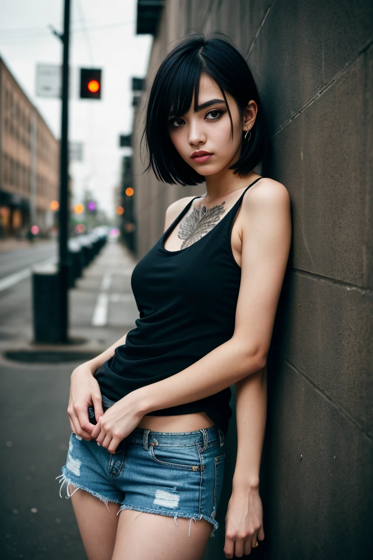 a beautiful 18 year old slim and sexy woman, emo girl, black short sleeve dress, denim shorts, detailed face, long eyelashes, intricate makeup, cinematic composition, grungy urban environment