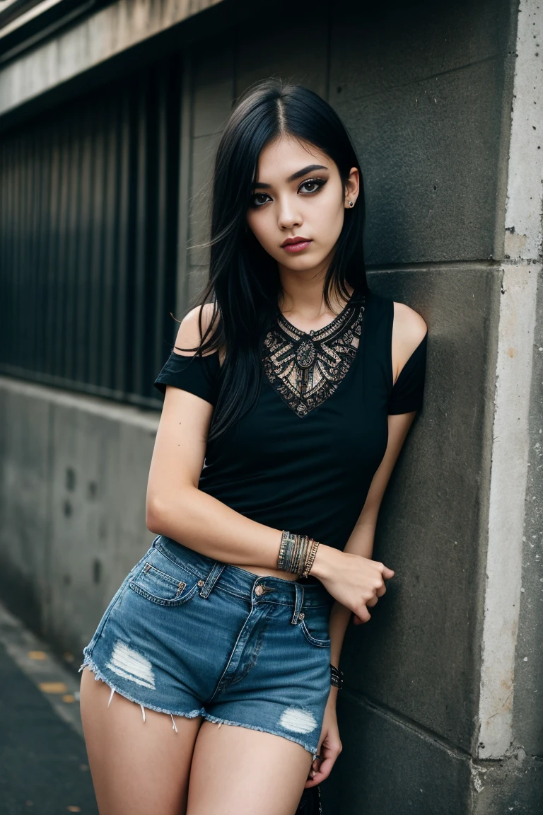 a beautiful 18 year old slim and sexy woman, emo girl, black short sleeve dress, denim shorts, detailed face, long eyelashes, intricate makeup, cinematic composition, grungy urban environment