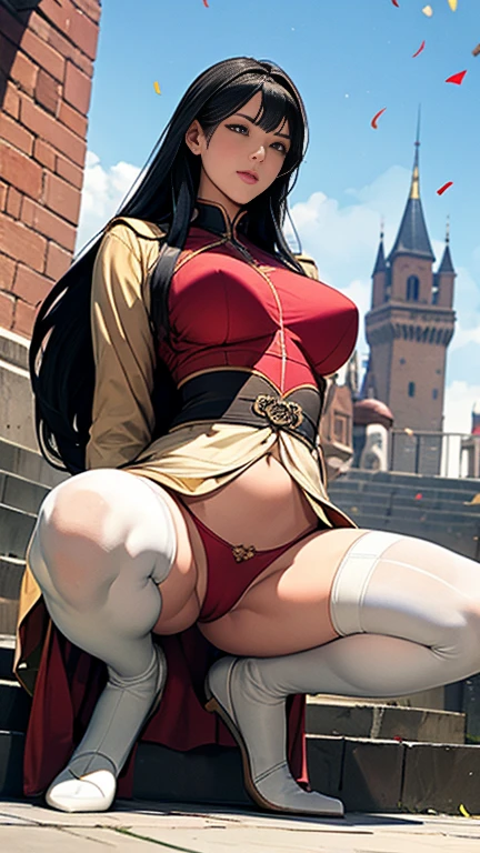 Highest quality, Official Art, masterpiece, Fabric Shading, High resolution, Very detailed, colorful, Best details, Fantasy, Combat Uniform:1.5, 1 female, Age 25, Black Hair, Long Hair, Up Bang Hair, One Length, Standing on the stairs, A castle town with an old castle view, sunny, Random Hair, Large Breasts, skinny, Surrounded by many people:1.9, Confetti falling, Blessed, welcome:1.5, Camel Toe:1.3, Ground level shot:,No stockings,No stockings,squat, Spread your legs